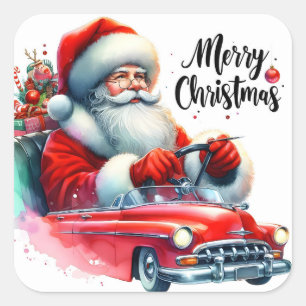 Kerstman in een vintage auto met cadeaus vierkante sticker