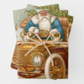  kerstman in Gold Car en kerstangels Inpakpapier Vel (In situ)