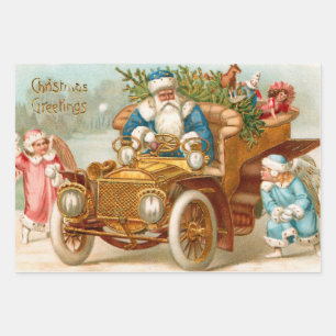  kerstman in Gold Car en kerstangels Inpakpapier Vel
