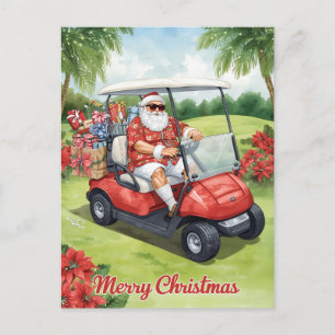 Kerstman in golfkar rijdt rond feestdagenkaart