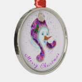 kerstman in het Paarse Pet van Beanie Metalen Ornament (Rechts)