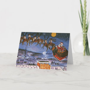Kerstman in kerstslede vliegend feestdagen kaart