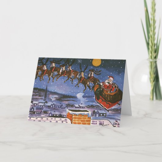 Kerstman in kerstslede vliegend feestdagen kaart (Voorkant)