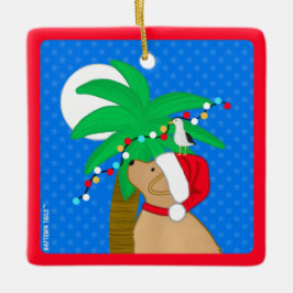 Kerstman in maanlicht Gele Hond versiert Palmboom Keramisch Ornament