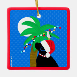 Kerstman in maanlicht Zwarte Hond Palmboom Snoeit Keramisch Ornament