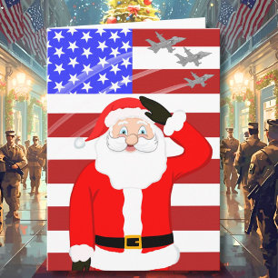 Kerstman in militaire uitvoering salueert  kaart
