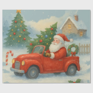 Kerstman in oude rode auto watercolor Kerstmis Cadeaupapier