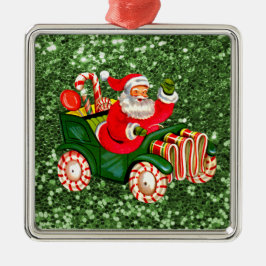 Kerstman in pepermunt snoepauto groene nepschitter metalen ornament