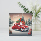 Kerstman in  rode auto kerst feestdagenkaart (Staand voorkant)