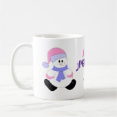 Kerstman in roze kleren die rinkelt koffiemok (Links)