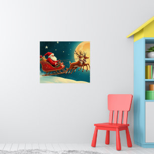 Kerstman in slee met rendieren poster