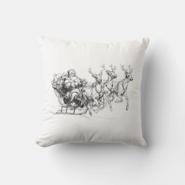 Kerstman in slee – Minimaal Kerst Sketch Kussen (Voorkant)