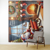 Kerstman in slee rustend bij open haard achtergron wandkleed (In situ)