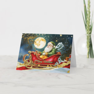 Kerstman in slee, volle maan, sterren  feestdagen kaart
