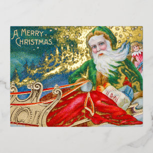 kerstman in Sleigh Merry Gold Folie Feestdagen Briefkaart