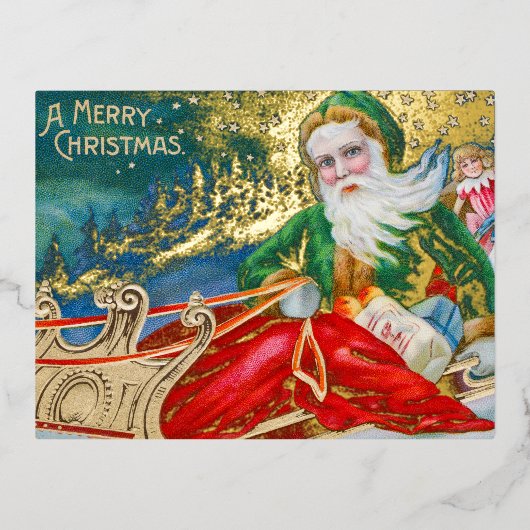  kerstman in Sleigh Merry Gold Folie Feestdagen Briefkaart (Voorkant)