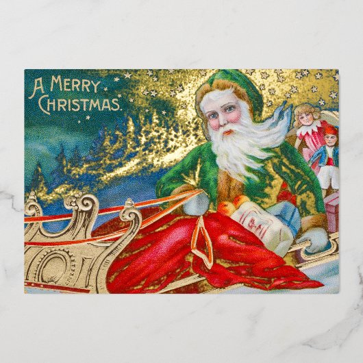  kerstman in Sleigh Merry Gold Folie Feestdagenkaart (Voorkant)