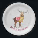 kerstman in sneeuwvlokken papieren bordje<br><div class="desc">Grote buck hert in sneeuwvlokken met wintersjaal en rode Merry-kersttekst op zilveren sneeuwvlokken achtergrond. De tekst kan worden bewerkt.</div>