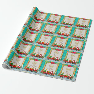 Kerstman in trein met cadeaus en kerstboom cadeaupapier