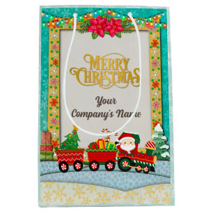 Kerstman in trein met cadeaus en kerstboom medium cadeauzakje
