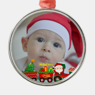 Kerstman in trein met cadeaus en kerstboom metalen ornament