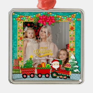 Kerstman in trein met cadeaus en kerstboom metalen ornament