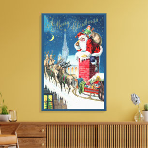 Kerstman in victoriaanse stijl op schoorsteen canvas afdruk