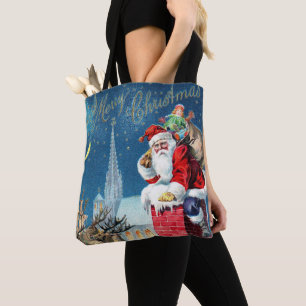 Kerstman in victoriaanse stijl op schoorsteen tote bag