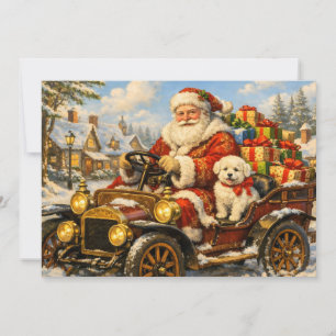 Kerstman in vintage auto cadeaus bezorgend  feestdagenkaart