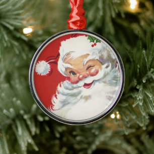 Kerstman in vintage-stijl, joviaal en knipogend metalen ornament