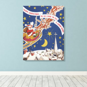 Kerstman in vintage stijl met vliegende rendieren canvas afdruk
