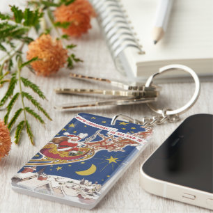Kerstman in vintage stijl met vliegende rendieren sleutelhanger