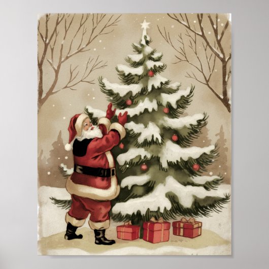Kerstman in vintage stijl versiert kerstboom poster (Voorkant)
