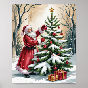 Kerstman in vintage stijl versiert kerstboom poster