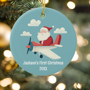Kerstman in vliegtuig wolken jongen eerste kerstmi keramisch ornament