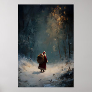 Kerstman in Winter Woud Print, Knus Kerstmis Poster