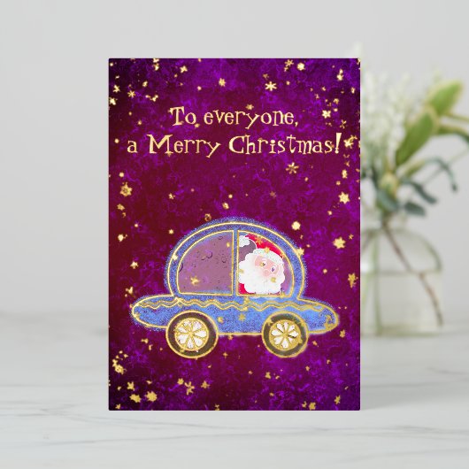 Kerstman in zijn auto met Kerstmis Folie Feestdagenkaart (Staand Voorkant)