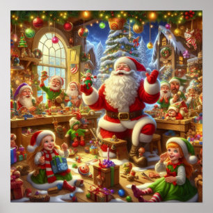 Kerstman in zijn kerstwerkplaats met speelgoed muu poster