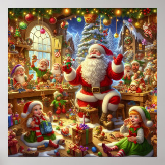 Kerstman in zijn kerstwerkplaats met speelgoed muu poster
