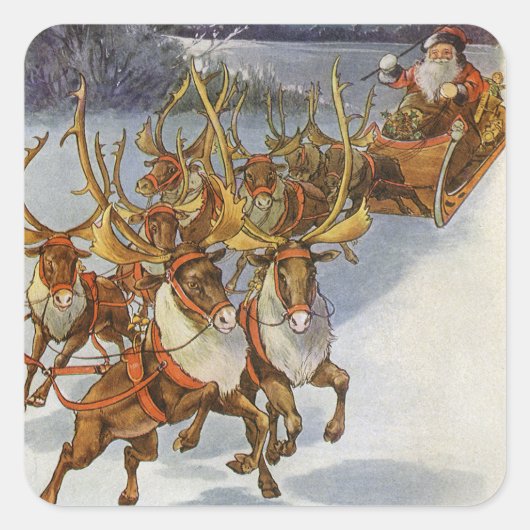 Kerstman in zijn slee met rendier Vierkante Sticker (Voorkant)