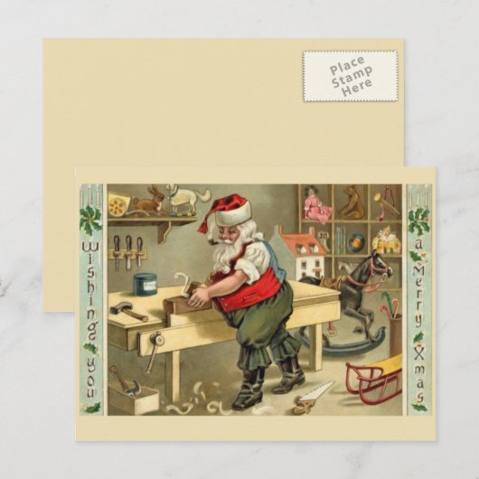 Kerstman in zijn werkplaats feestdagenkaart (Voorkant / Achterkant)