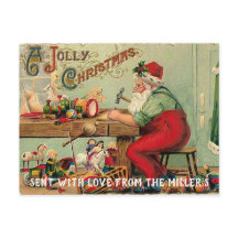Kerstman in zijn werkplaats maakt speelgoed Vintag