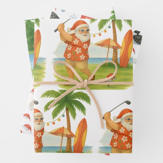 Kerstman is aan het golfen inpakpapier vel (In situ)