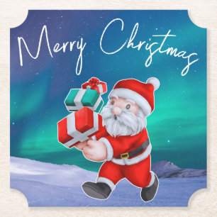 Kerstman is onderweg naar het noorderlicht kerst kartonnen onderzetters