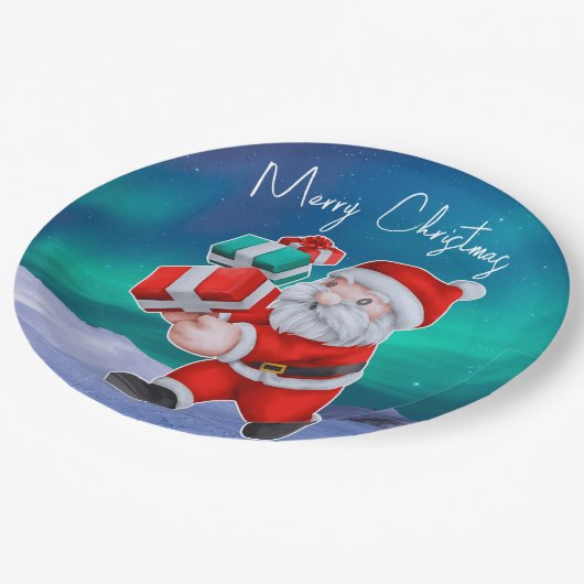 Kerstman is onderweg naar het noorderlicht kerst papieren bordje (Gekanteld)