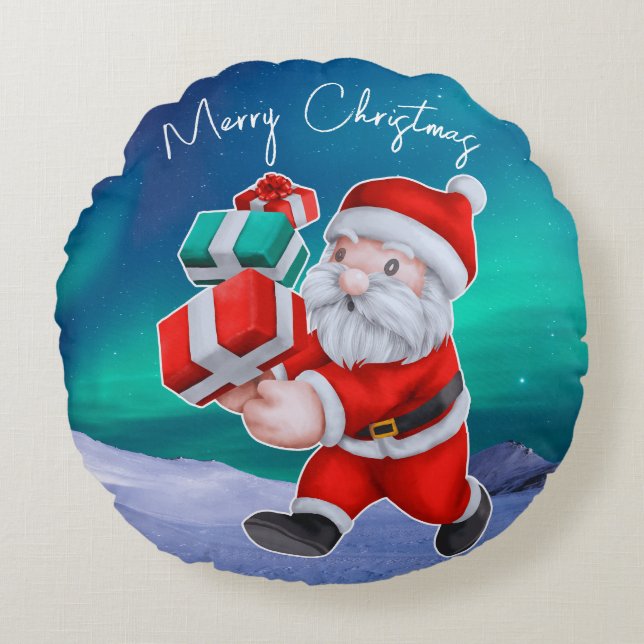 Kerstman is onderweg naar het noorderlicht kerst rond kussen (Voorkant)