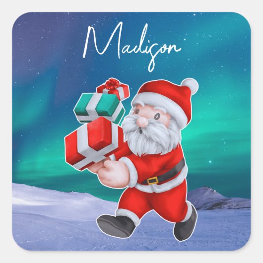 Kerstman is onderweg naar het noorderlicht kerst vierkante sticker (Voorkant)