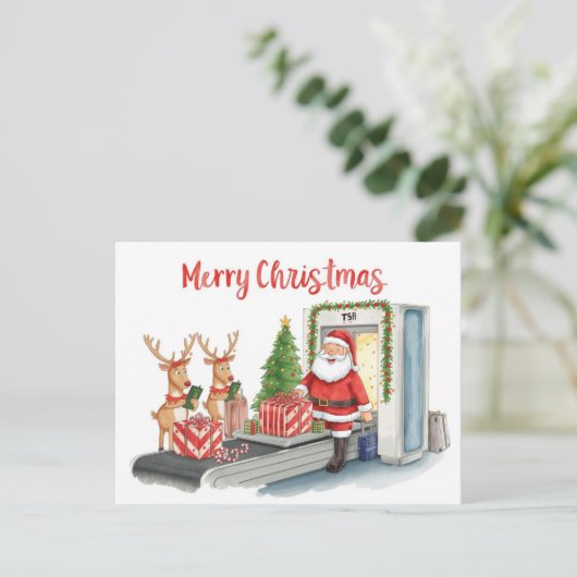 Kerstman is op het vliegveld feestdagenkaart (Staand voorkant)