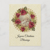 Kerstman Jezus in Manger Floral Pointsettia Briefkaart (Voorkant)