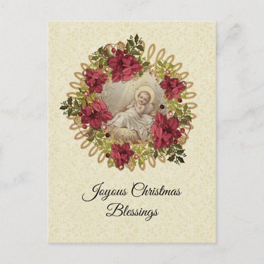 Kerstman Jezus in Manger Floral Pointsettia Briefkaart (Voorkant)
